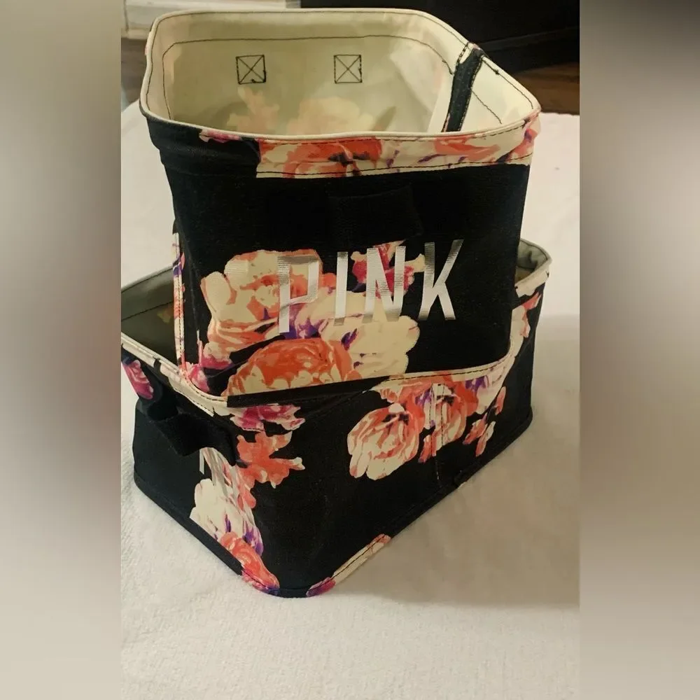 PINK VS HTF VINTAGE BLACK FLORAL STORAGE BIN TRUNK SET OF 2